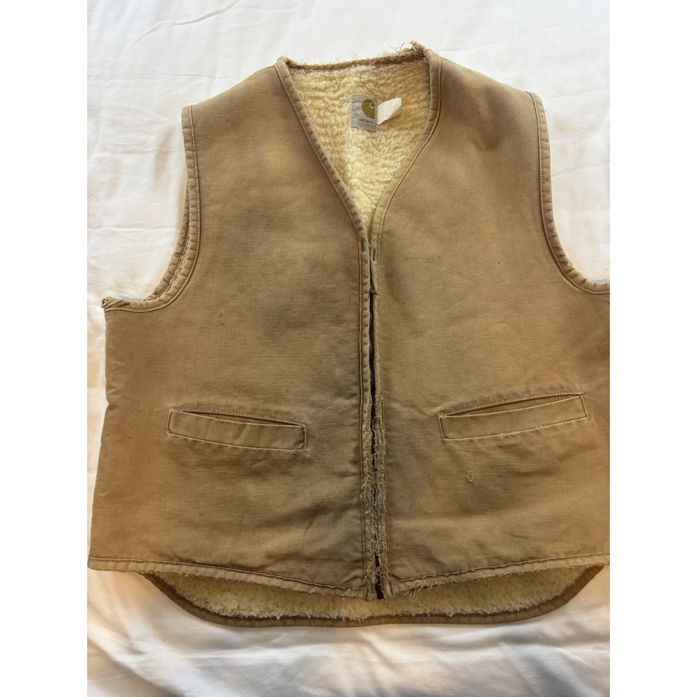 Carhartt Brown Duck Vest Sherpa Lined Very Distressed Workwear Men XL vtg‎